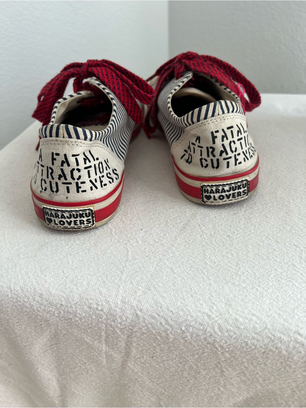 Harajuka Lovers Navy & White Striped Sneakers with Red Accents - Picture 5 of 9